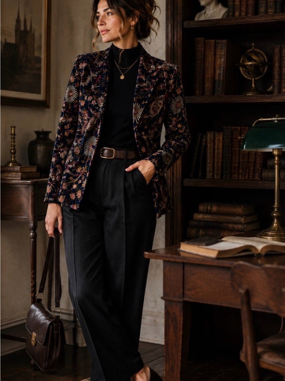 Velvet Navy Paisley Blazer XL Dark Academia Botanical Jacket
